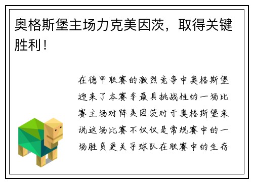 奥格斯堡主场力克美因茨，取得关键胜利！
